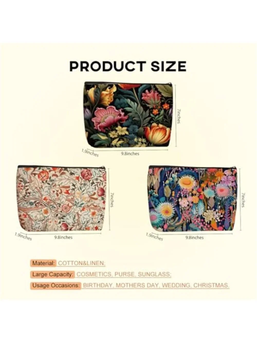 3pcs Colorful Flower Makeup Bag, Abstract Botanical Flower Cosmetic Bag